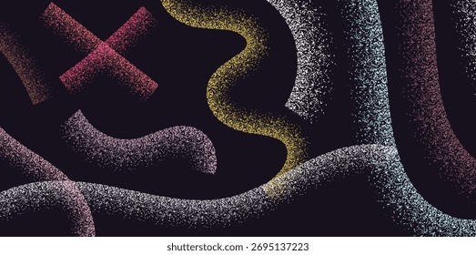 Modern abstract halftone curve pattern background with colorful gradient textures on dark surface. Artistic dotted shapes, neon light effect
