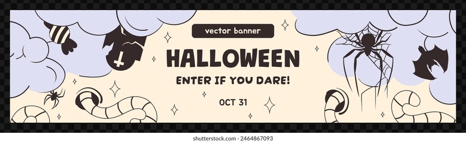 Modern and abstract Halloween banner. Spooky Halloween night. Light up and celebrate Halloween night. Clouds, bats, candies, spiderweb with a spider, worms, grave. Holiday advertising banner