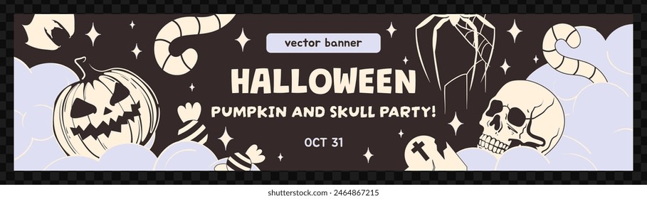 Modern and abstract Halloween banner. Spooky Halloween night. Light up and celebrate Halloween night. Clouds, bat, candies, spider, worm, grave, skull, pumpkin. Holiday advertising banner