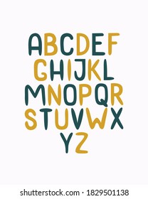 Modern abstract hand drawn alphabet in flat colorful style. Trendy vector design isolated on a white background. Cute abc design for book cover, poster, card, print on baby's clothes, textile
