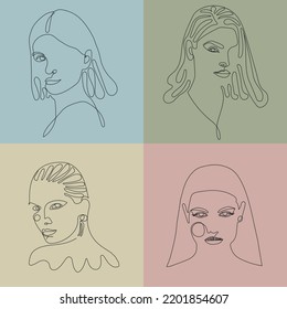 Rostros abstractos modernos dibujados a mano. Las siluetas femeninas de moda están decoradas con un fondo pastel. Línea continua, concepto minimalista. Ilustración vectorial de moda.
