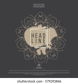 Modern abstract hand drawn floral splash label with lettering on black background. Hand drawn label. Sign label,textured emblem. Vector illustration