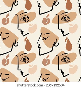 La línea dibujada a mano de forma abstracta moderna se enfrenta a mujeres con formas geométricas, manzanas, peras sin costura sobre fondo beige. Ilustración plana vectorial. Diseño para textiles, tejidos, papel pintado, envoltura