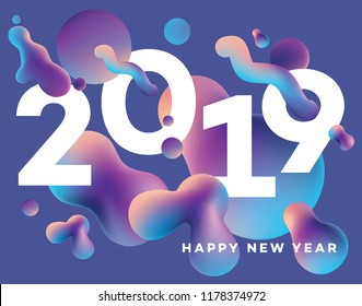 Modern abstract happy New 2019 Year cover template with vibrant liquid gradient shapes floating around the numbers in blue, purple and orange color combination.