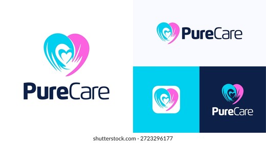 Corazón abstracto moderno formado que fluye con Formas simétricas azul cian vibrante y rosa suave, Ilustración vectorial de diseño del icono del logotipo, el amor del símbolo forma el corazón de la silueta para el negocio de la identidad de marca