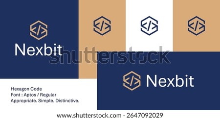Modern abstract hexagon code logo for tech, AI, and digital brands.
This geometric icon features a code symbol seamlessly merged into a hexagon, creating a bold and modern mark.