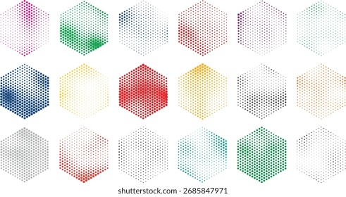 Modern abstract hexagon halftone texture set with colorful gradients minimal geometric dotted vector backgrounds creative design collection for digital and print artworks