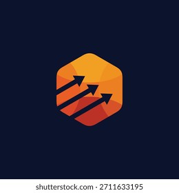 Gráfico hexagonal abstrato moderno com três setas crescentes dinâmicas, simbolizando o progresso robusto, o desenvolvimento estratégico, a dinâmica futura e o sucesso futuro nos negócios e na tecnologia