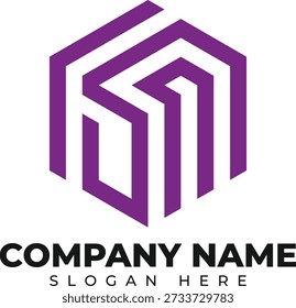 Logotipo isométrico hexagonal Abstractas moderno con líneas geométricas púrpuras y forma estructural