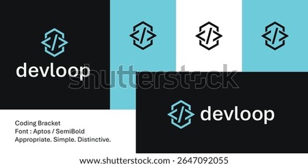 Modern abstract hexagonal logo with coding bracket arrows for tech. 