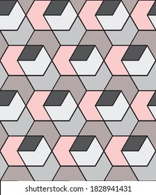 Modern abstract hexagonal repeating pattern in pink, greys and browns, geometric vector illustration