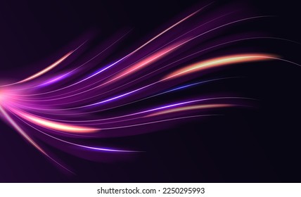 Modern abstract high speed light effect. Technology futuristic dynamic motion. Glow of bright lines of transport vehicle drive on road highway. Vector illustration