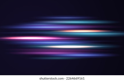 Modern abstract high speed light effect. Technology futuristic dynamic motion. Glow of bright lines of transport vehicle drive on road highway. Vector illustration