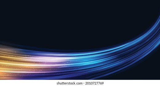 Modern abstract high speed movement. Dynamic motion light trails on dark blue background. Futuristic, technology pattern for banner or poster design background concept.