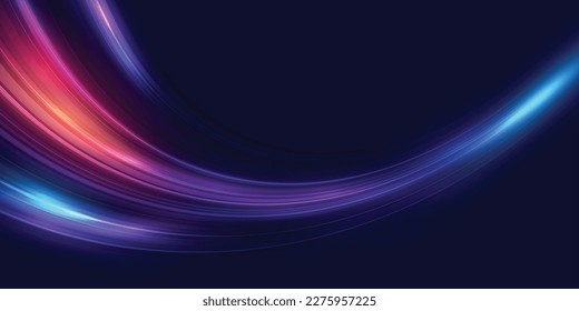 Modern abstract high speed movement. Dynamic motion light trails on dark blue background. Futuristic, technology pattern for banner or poster design background concept. Vector EPS10.