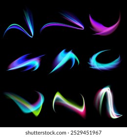 Modern abstract high speed movement of lights. Colorful dynamic motion on black background. Light leaks, aura, ghost shots, long exposure vibrant trails. Vector illustration