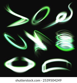 Movimiento de alta velocidad abstracto moderno de las luces. Movimiento dinámico verde sobre fondo negro. Fugas de luz, aura, disparos de fantasmas, senderos vibrantes de larga exposición. Ilustración vectorial