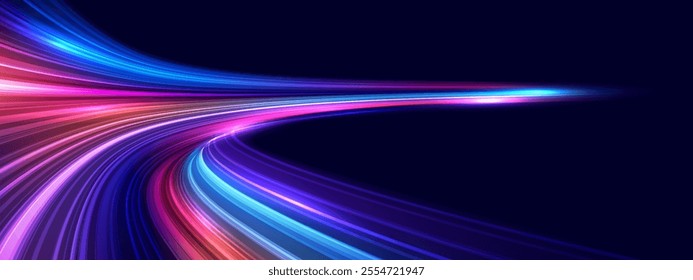 Modern abstract high speed movement with dynamic motion light trails, speed effect on dark blue background. Futuristic digital technology concept. Pattern for banner. Vector EPS10.