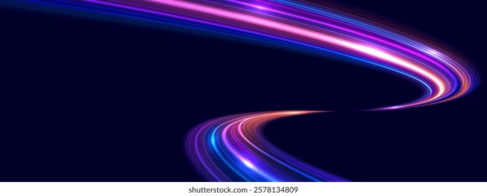 Modern abstract high speed movement. Dynamic motion light trails on dark blue background. Futuristic digital technology movement concept. Pattern for banner. Vector EPS10.