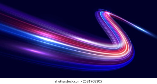 Modern abstract high speed movement. Dynamic motion light trails on dark blue background. Futuristic digital technology movement concept. Pattern for banner. Vector EPS10.