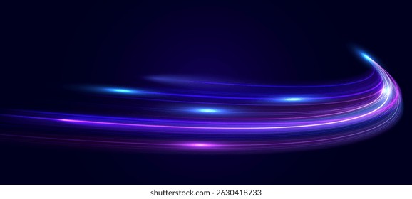 Moderno abstrato movimento de alta velocidade com trilhas de luz de movimento dinâmico, efeito de velocidade no fundo azul escuro. Conceito de tecnologia digital futurista. Padrão do banner. Vetor EPS10.