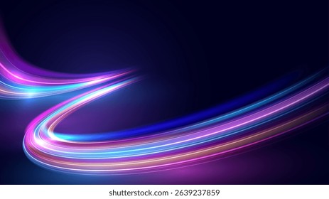 Modern abstract high speed movement with dynamic motion light trails, speed effect on dark blue background. Futuristic digital technology concept. Pattern for banner. Vector EPS10.