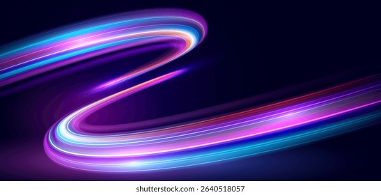 Modern abstract high speed movement with dynamic motion light trails, speed effect on dark blue background. Futuristic digital technology concept. Pattern for banner. Vector EPS10.