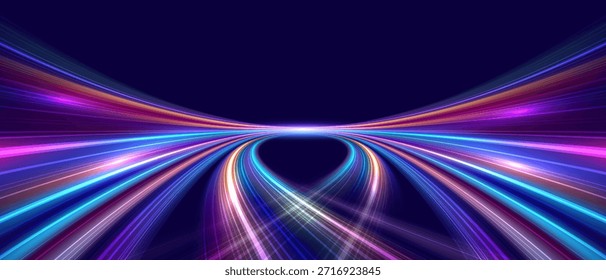 Movimiento de alta velocidad abstracto moderno con senderos de luz de movimiento dinámico, efecto de velocidad sobre fondo azul oscuro. Concepto de tecnología digital futurista. Patrón para el Anuncio. Vector EPS10.