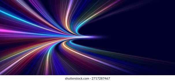 Movimiento de alta velocidad abstracto moderno con senderos de luz de movimiento dinámico, efecto de velocidad sobre fondo azul oscuro. Concepto de tecnología digital futurista. Patrón para el Anuncio. Vector EPS10.