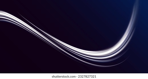 Modern abstract high-speed light effect. Technology futuristic dynamic motion. Abstract light trails. White abstract background with blurred magic neon light curved lines	