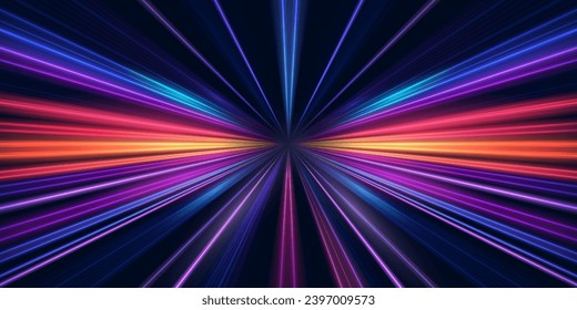 Modern abstract high-speed light trails effect on dark background. Futuristic dynamic movement technology concept. Velocity pattern for banner or poster design background.Vector eps10.