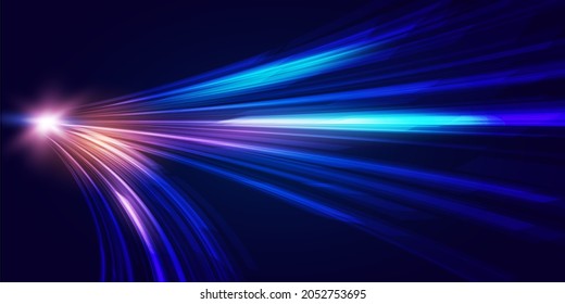 Modern abstract high-speed movement. Dynamic motion light trails on dark blue background. Futuristic, technology pattern for banner or poster design background concept. - Shutterstock ID 2052753695