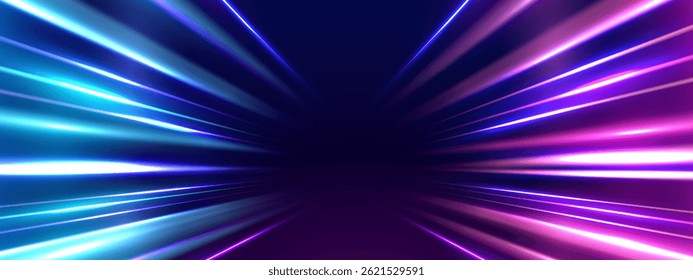 Modern abstract high-speed movement. Dynamic motion light trails with motion blur effect on dark background. Panoramic high speed technology concept, light abstract background. 