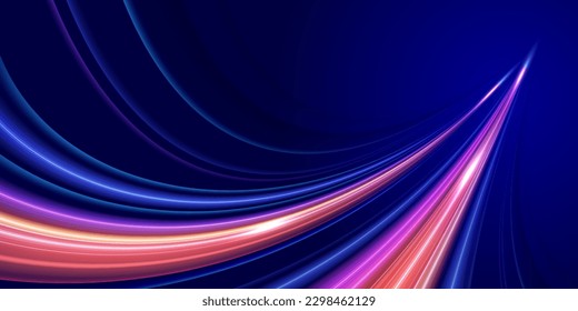 Modern abstract high-speed movement effect on blue background. Dynamic curve light trails. Velocity pattern for banner design. Vector eps10.