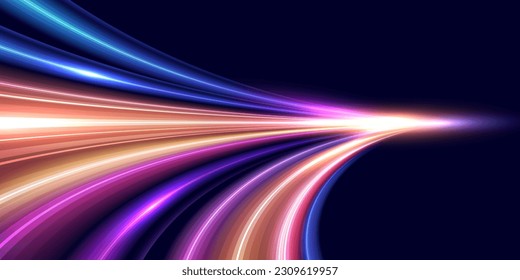 Modern abstract high-speed movement effect on dark blue background. Dynamic curve light trails. Velocity pattern for banner design. Vector eps10.