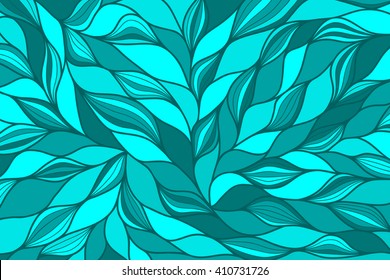 Modern abstract horizontal background with hand drawn waves. Blue, azure, cerulean, aquamarine, turquoise, cyan wallpaper. Wavy background. Ocean motif. Hand drawn pattern. Vector illustration.