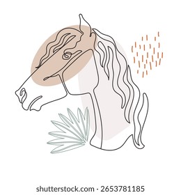 Cabeça de cavalo abstrata moderna em estilo de arte de linha contínua, formas pastel macio e detalhes botânicos. Ilustração vetorial. Boho arte, decoração com tema equestre, cartazes de natureza, cartões, marca elegante