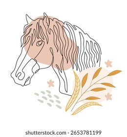 Cabeça de cavalo abstrata moderna em um estilo de arte de linha contínua, formas pastel macias, elementos botânicos. Para boho arte de parede, decoração com tema equestre, cartazes, cartões, marca elegante. Design vetorial moderno