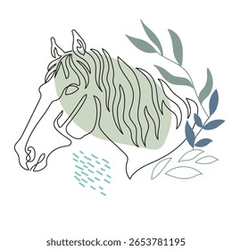 Modern abstract horse in one continuous line style and botanical details in soft pastel colors. Trendy vector illustration for creative projects, boho wall art, decoration, poster, card, branding
