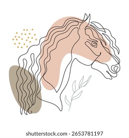 Retrato de cavalo abstrato moderno em um estilo de arte de linha contínua em formas pastel macio e detalhes botânicos, vetor. Para boho arte de parede, decoração com tema equestre, cartazes de natureza, cartões, marca elegante