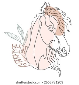 Retrato de cavalo abstrato moderno em um estilo de arte de linha de vetor contínuo em formas pastel macio e detalhes botânicos. Para boho arte de parede, decoração com tema equestre, cartazes de natureza, cartões, marca elegante