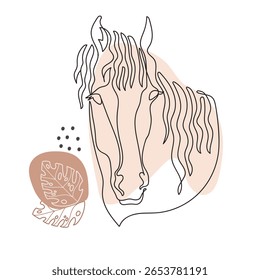 Modern abstract horse portrait in single continuous line art style with soft pastel shapes and botanical elements. Abstract stallion vector illustration in pastel colors. For boho art, decor, posters