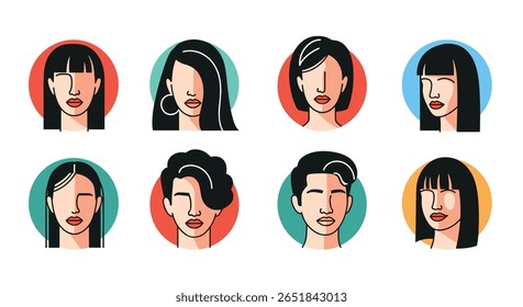 Modern Abstract Human Faces Collection Diverse Styles Minimalist Artistic Portraits Featuring Distinctive Hairstyles and Features