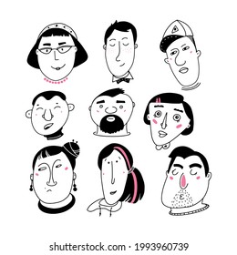 Modern abstract human faces templates set. Brochures, cards, wall art, social media, branding design. Vector illustration