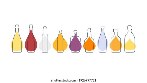 Modern abstract illustration with bottle alcohol with color blob. Linear outline sign. Logo icon on white background. Contour symbol. Vodka wine champagne whiskey liquor beer tequila rum martini.

