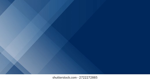 Ilustração abstrata moderna apresentando camadas de fundo gradiente azul escuro com formas geométricas translúcidas e linhas diagonais, criando profundidade e movimento. Modelo de design vetorial minimalista.