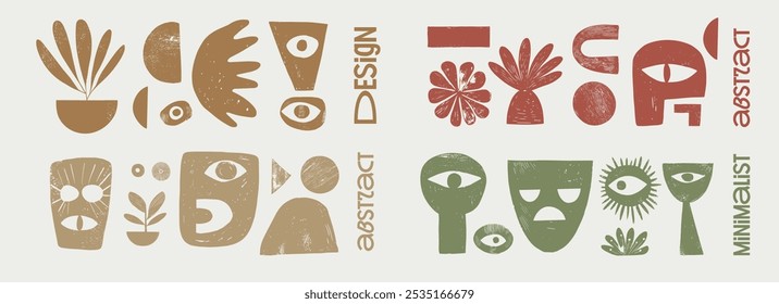 Modern abstract illustration featuring minimalist graphic elements in muted colors. Includes geometric shapes, decorative floral motifs, and stylized human figures.