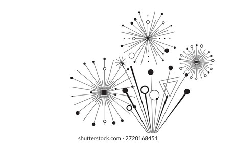 Una ilustración abstracta moderna que presenta patrones geométricos radiales con líneas y Formas interconectadas, creando un diseño de inspiración molecular visualmente intrigante e intrincado en negro monocromo