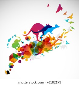 modern abstract illustration with jumping kangaroo, birds