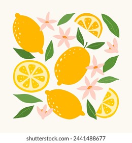 Ilustración abstracta moderna de limones con hojas y flores. Patrón de frutas. Estampado de arte botánico moderno. Conjunto de cítricos tropicales. Diseño vectorial de verano para la decoración de la pared, póster, tarjeta, banner, cubierta.